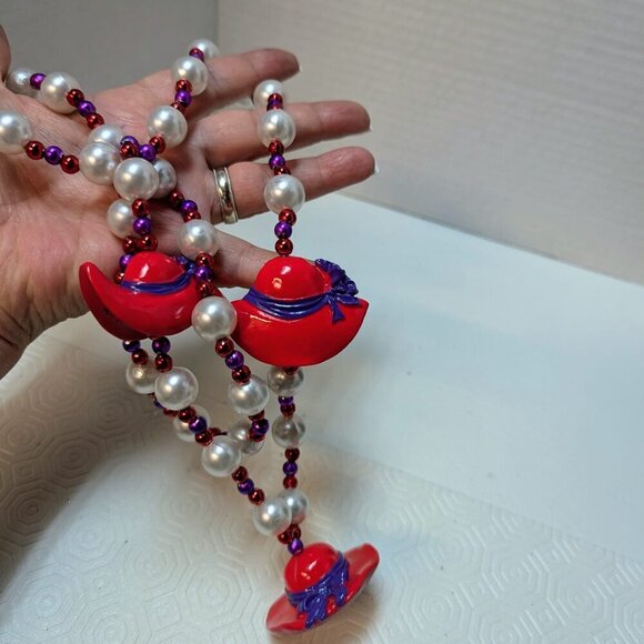 Purple & RED HAT SOCIETY Beaded NECKLACE Faux Pearl 40" Handmade Signed - Picture 3 of 9